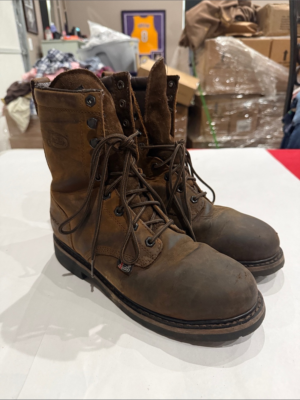 Justin Boots Brown Lace-Up Leather Work Boots- steel toe
